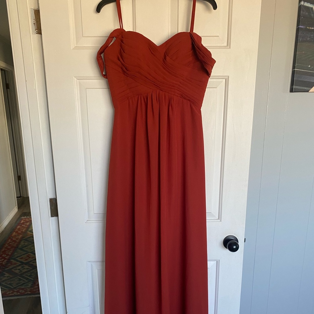 Bridesmaid dress - floor length spaghetti strap with off shoulder straps.
